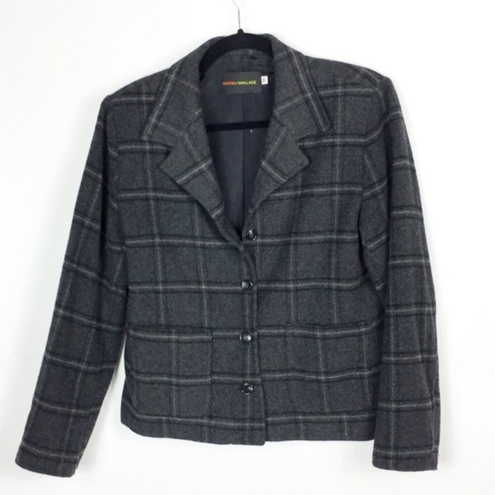 Harris Wallace Womens Wool Blazer Window Pane USA Grey Medium